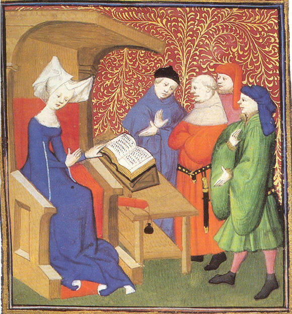 Christine de Pizan (sitting) lecturing to a group of men standing. British Library . Harley 4431, f.259v.